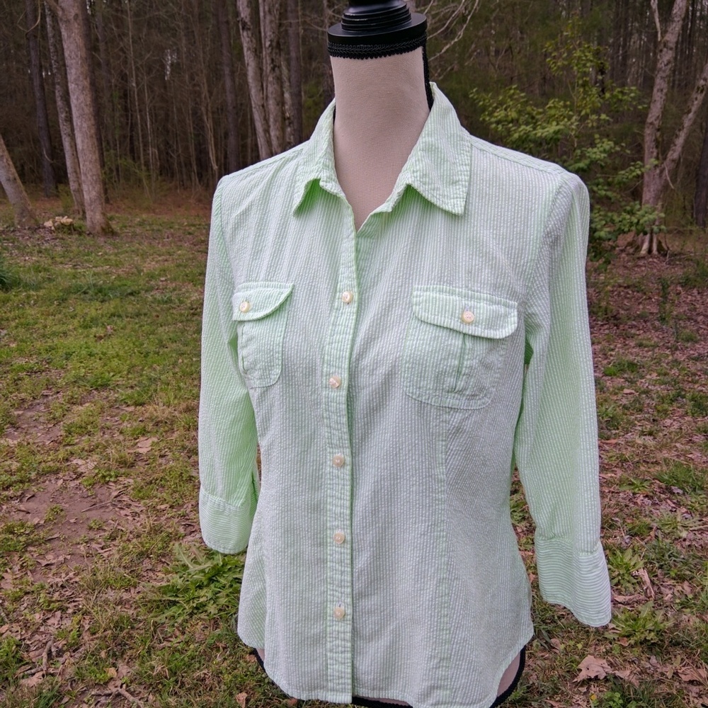 Liz Claiborne Green Striped Cotton Shirt